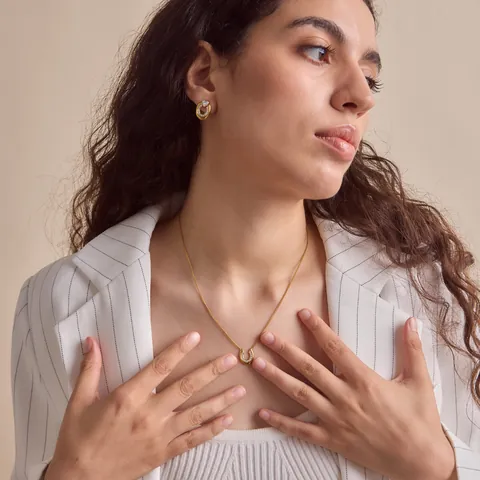 18K Vergoldet Edelstahl Hufeisen U-Form Zirkonia Halskette Herz Ohrstecker Set Designer Schmuck Für Damen