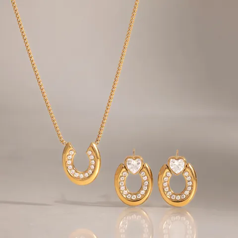18K Vergoldet Edelstahl Hufeisen U-Form Zirkonia Halskette Herz Ohrstecker Set Designer Schmuck Für Damen