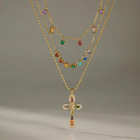 Collier Pendentif Croix Cœur en Acier Inoxydable Strass Colorés pour Femmes Bijoux de Mode en Or Bracelet Étoile Lune