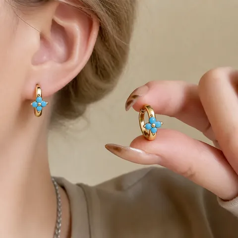 European Style Floral Huggie Earrings For Women Gold Plated Zirconia Flower Ear Buckle Light Luxury Minimalist Stud Jewelry Gift