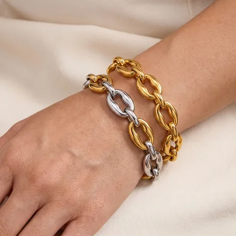 Stainless Steel Geometric Chunky Link Bracelet For Women Gold Silver Two-tone Plated Minimalist Chain Bracelet Jewelry
