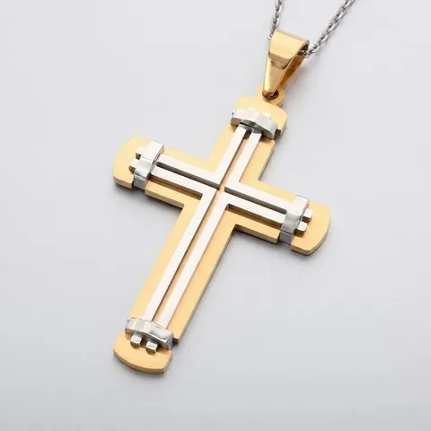 Pendentif Croix Double Couche en Acier Inoxydable pour Hommes Mécanique Punk Rivet Contraste Bicolore Bijoux Pendentif Seul