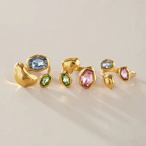Luxus Edelstahl Bunter Glas Ring Für Damen Vergoldet Unregelmäßig Geometrisch Offen Verstellbarer Ring Minimalistischer Schmuck Geschenk