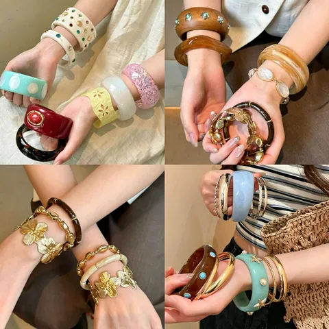 Vintage Resin Alloy Bangle Bracelet Set With Marbled Pattern Rhinestone Artificial Pearl Light Luxury Hand Jewelry