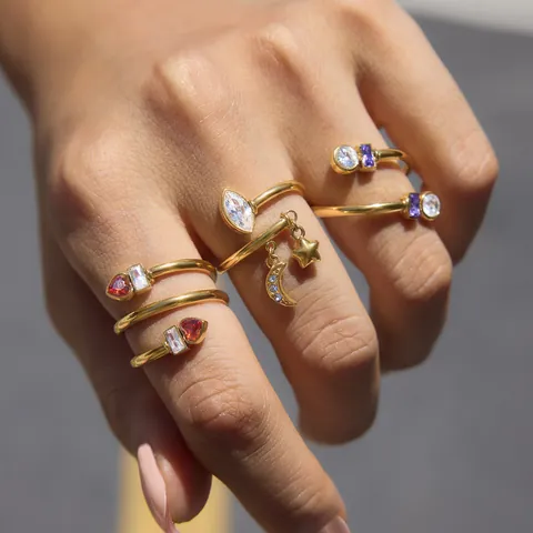 Dames Roestvrij Stalen Holle Veer Ring 18K Verguld Zirconia Hart Maan Ster Open Verstelbare Ring Sieraden Modeaccessoire