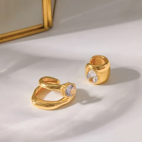 Niche Design Stainless Steel Rhinestone Ear Cuffs Non-Pierced 18K Gold Plated C-Shape Geometric Earrings For Women Jewelry