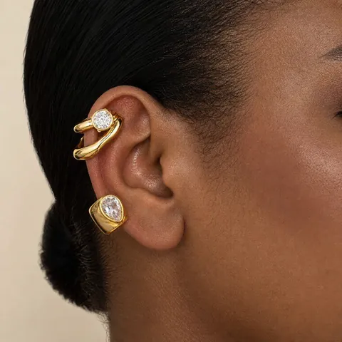 Niche Design Stainless Steel Rhinestone Ear Cuffs Non-Pierced 18K Gold Plated C-Shape Geometric Earrings For Women Jewelry
