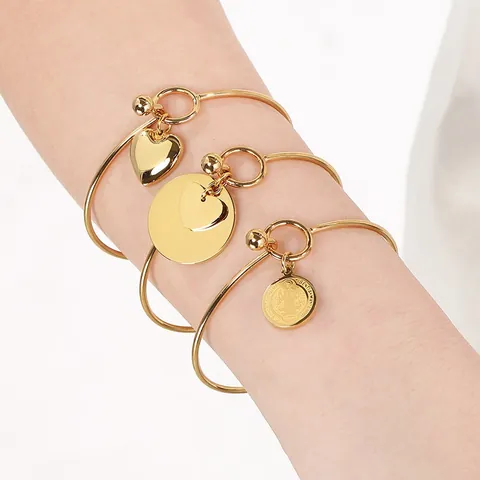 Stainless Steel Heart Charm Bangle Bracelet For Women Gold Silver Plated Saint Benedict Medal Religious Coin Jewelry Gift