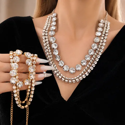 Palace Style Multi-layer Round Rhinestone Necklace For Women Luxurious Exaggerated Iron Chain Rhinestone Collar Necklace Party Banquet Jewelry