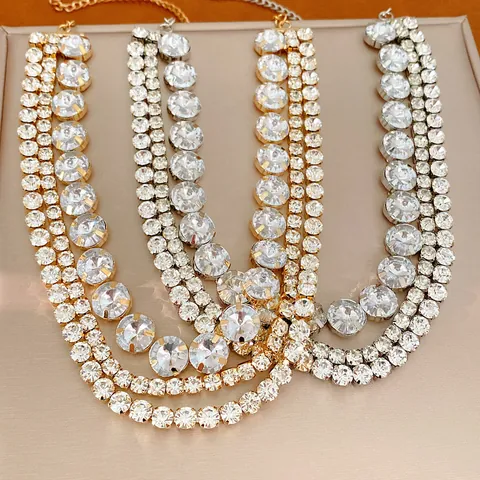 Palace Style Multi-layer Round Rhinestone Necklace For Women Luxurious Exaggerated Iron Chain Rhinestone Collar Necklace Party Banquet Jewelry