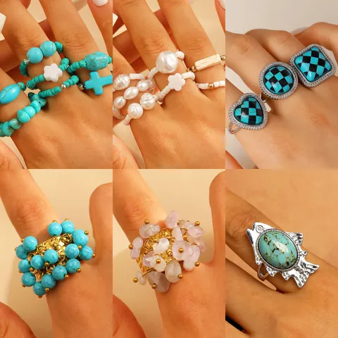 Vintage Bohemian Turquoise Alloy Rings Collection Ethnic Leaf Flower Checkerboard Finger Jewelry For Women