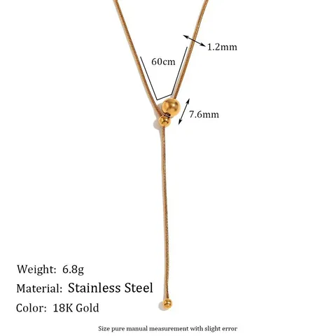 Minimalist Y Shape Necklace Stainless Steel 18K Gold Plated Snake Chain With Metal Beads Adjustable Drawstring For Women