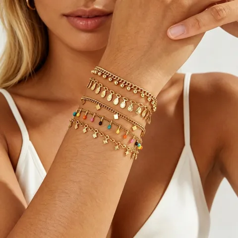 Bracelet Géométrique en Acier Inoxydable Plaqué Or 18K pour Femmes Pendentif Goutte d'Eau Losange Perles Rondes Bijoux de Mode en Acier Titane