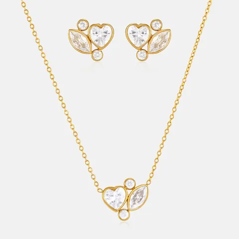 18K Gold Plated Stainless Steel Heart Marquise Rhinestone Necklace Stud Earring Jewelry Set For Women Light Luxury Elegant Gift