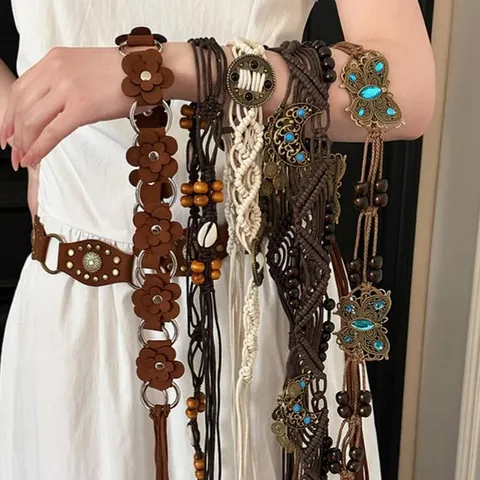 Bohemian Brown Woven Waist Chain For Women Vintage Ethnic Decorative Flower Butterfly Pendant Adjustable Accessory Belt