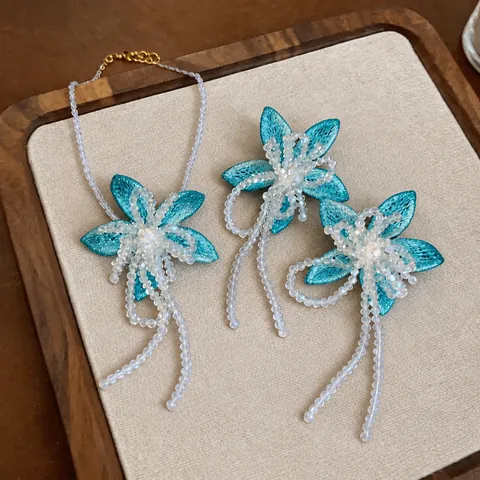 French Romantic Flower Tassel Fabric Embroidery Glass Bead Long Necklace And Stud Earrings For Women Elegant Sweet Accessory