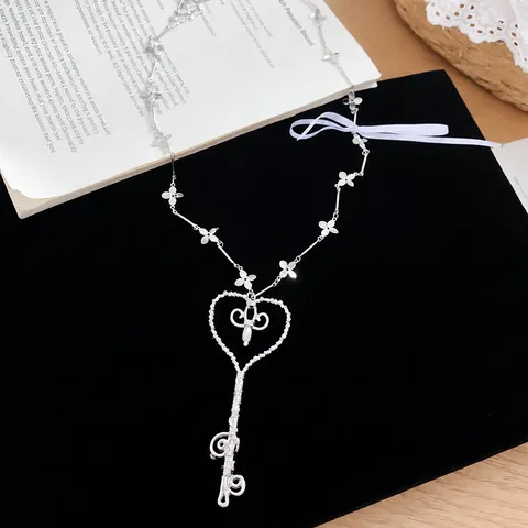 Koreaanse Stijl Legering Kunstparel Hart Sleutel Hanger Halsketting Satijnen Strik Sleutelbeenhanger Sieraden Voor Dames
