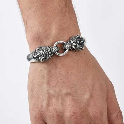 Nordic Viking Style Stainless Steel Wolf Head Bangle Antique Silver Punk Street Hip Hop Cuff Bracelet For Men