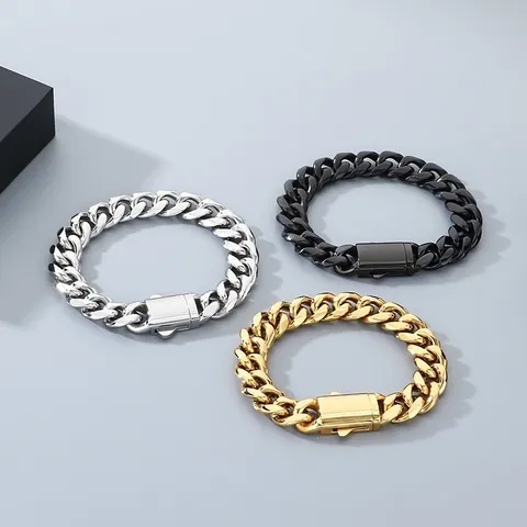 Bracciale a Catena Cubana in Acciaio Inossidabile Hip Hop Unisex Bracciale in Metallo Lucido Oro Argento Nero Gioielli