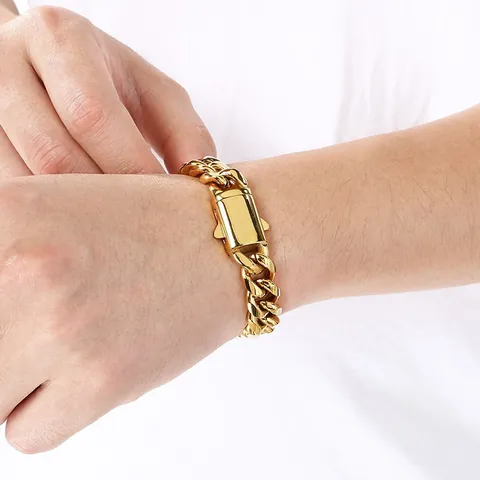 Bracciale a Catena Cubana in Acciaio Inossidabile Hip Hop Unisex Bracciale in Metallo Lucido Oro Argento Nero Gioielli