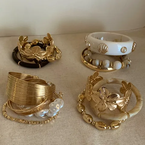 Vintage Gold Silver Tone Bangle Bracelet Set For Women Chunky Retro Alloy Resin Artificial Pearl Rhinestone Vacation Jewelry