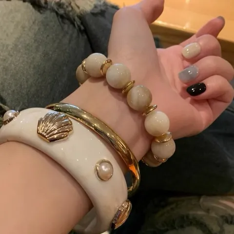 Vintage Gold Silver Tone Bangle Bracelet Set For Women Chunky Retro Alloy Resin Artificial Pearl Rhinestone Vacation Jewelry