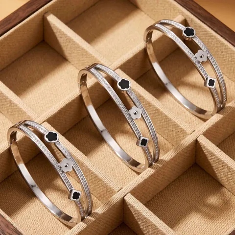Luxury Stainless Steel Lucky Clover Rhinestone Bangle Bracelet For Women Vintage Fashion Double Layer Hollow Cuff Jewelry