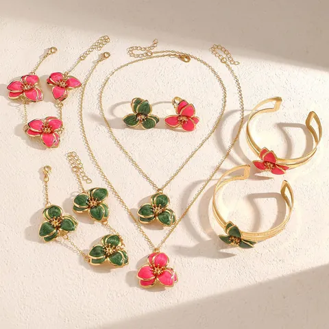Fashion Alloy Flower Jewelry Set For Women Enamel Floral Necklace Earrings Bracelet Bangle Ring Party Accessories