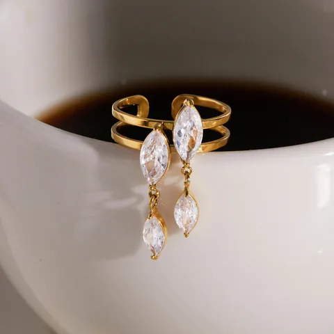 Luxury Stainless Steel Double Layered Open Ring For Women Gold Marquise Zirconia Dangling Pendant Adjustable Jewelry