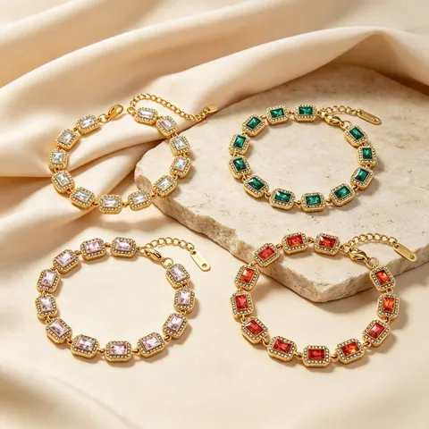 Luxe Vintage Vierkante Veelkleurige Strass Roestvrij Stalen Armband voor Vrouwen Geometrische Halo Ingelegd Vergulde Schakelarmband