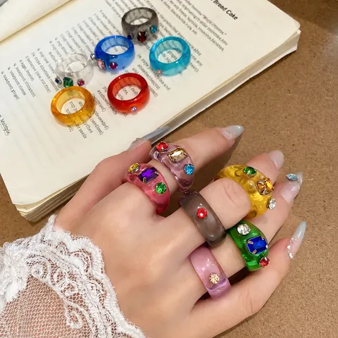 Dopamine Stijl Kleurrijke Hars Ronde Ring Voor Vrouwen Ingelegde Strass Zoete Coole Mode Persoonlijkheid Sieraden Feest Cadeau