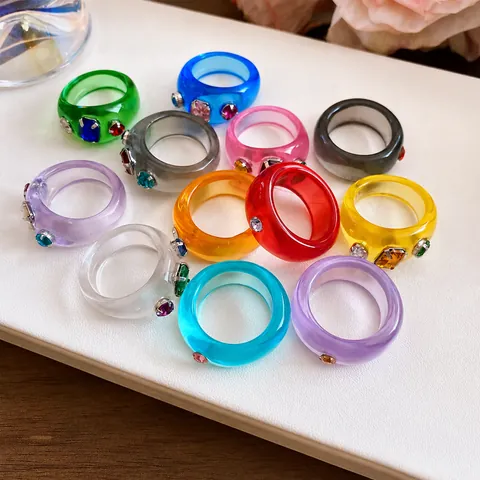 Dopamine Stijl Kleurrijke Hars Ronde Ring Voor Vrouwen Ingelegde Strass Zoete Coole Mode Persoonlijkheid Sieraden Feest Cadeau