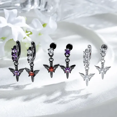 Gothic Dämonenflügel Schwert Kreuz Ohrstecker Kupfer Strass Dunkler Stil Ohr Piercing Schmuck Mit Titanlegierung Pfosten