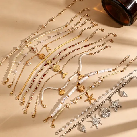 Bohemian Layered Anklets For Women Gold Silver Color Butterfly Star Moon Heart Rhinestone Shell Artificial Pearl Beach Anklet Jewelry