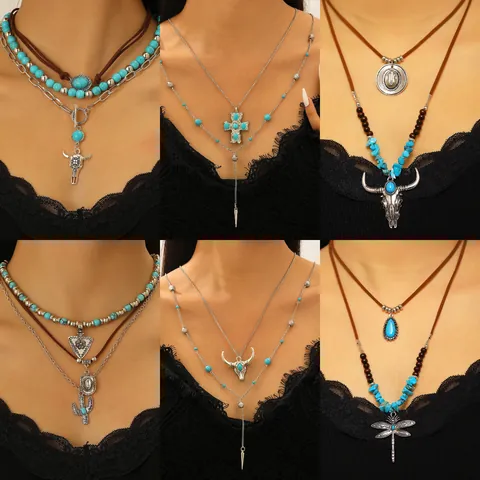 Western Cowboy Vintage Bohemian Layered Necklace Antique Zinc Alloy Bull Head Cowboy Hat Boots Horseshoe Turquoise Pendant Necklace Women Jewelry