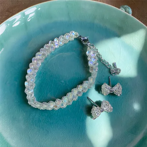 Korean Style Beaded Bracelet And Bowknot Stud Earrings Jewelry Set For Women Elegant Glass Beads Fashion Jewelry Set