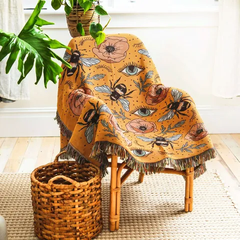 Bohemian Cotton Woven Blanket Tassels Bee Flower Eye Pattern Sofa Throw Camping Picnic Rug Wall Tapestry Retro Decorative