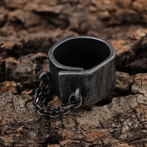 Vintage Men Ring Stainless Steel Chain Link Wide Band Crater Texture Gothic Punk Hip Hop Industrial Oxidized Jewelry