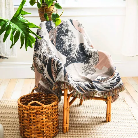 Japanese Great Wave Cotton Woven Blanket Fringed Tassel Tapestry For Camping Picnic Sofa Throw Wall Hanging Decor