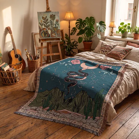 Plaid Tricoté Bohème Serpent Lune Coton À Franges Décoratif Mystique Ciel Étoilé Rétro Couverture Canapé Camping Pique-Nique