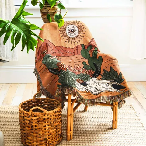 Couverture Tissée Bohémienne Désert Cactus Crâne De Taureau Avec Glands Coton Motif Oeil De Soleil Pour Camping Canapé