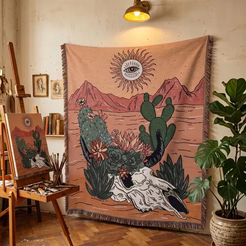 Couverture Tissée Bohémienne Désert Cactus Crâne De Taureau Avec Glands Coton Motif Oeil De Soleil Pour Camping Canapé