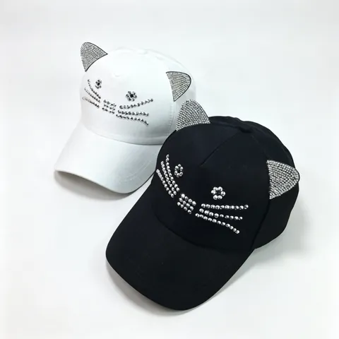 Cute Cat Ears Baseball Cap For Women Kids Sparkly Rhinestone Cat Whisker Decorative Cotton Adjustable Sun Hat Fashion Headwear