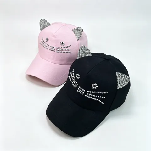 Cute Cat Ears Baseball Cap For Women Kids Sparkly Rhinestone Cat Whisker Decorative Cotton Adjustable Sun Hat Fashion Headwear