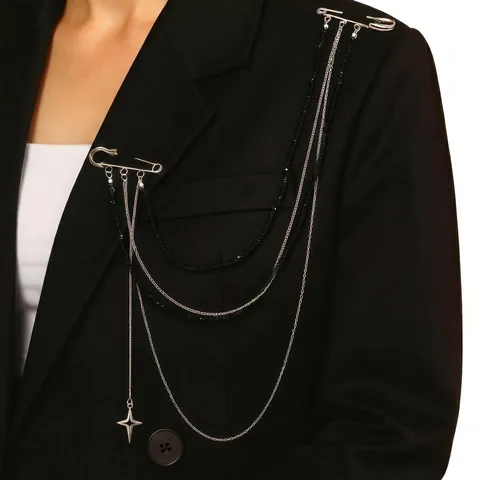 Broche de Cadena de Cuentas Multicapa Larga Borla de Estrellas Doble Imperdible Traje Abrigo Personalidad Moda Broche Joyería