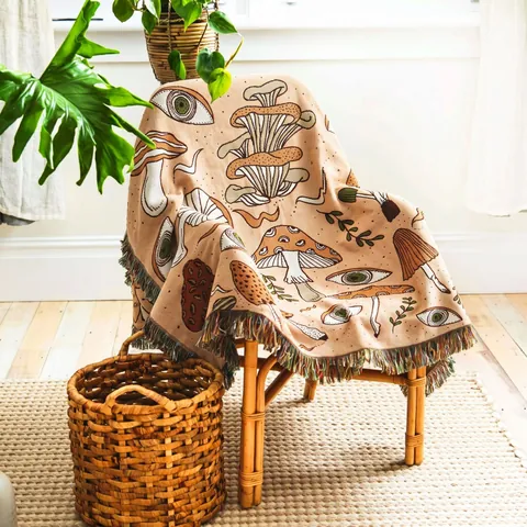 Couverture Tissée En Coton À Motifs De Champignons Et D'yeux Avec Glands Boho Vintage Jeté De Canapé Pour Camping Pique-nique Décoration