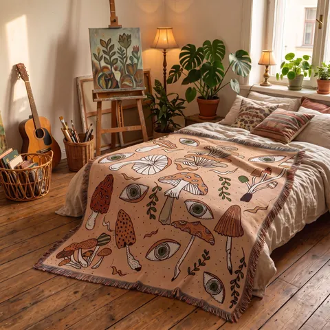 Couverture Tissée En Coton À Motifs De Champignons Et D'yeux Avec Glands Boho Vintage Jeté De Canapé Pour Camping Pique-nique Décoration