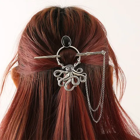 Vintage Alloy Octopus Hair Stick With Black Resin Stone Retro Gothic Steampunk Hairpin For Women Styling Jewelry Accessory