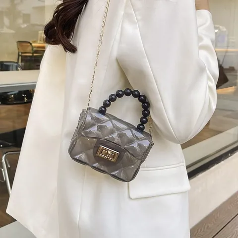 Transparent Quilted Silicone Mini Crossbody Bag With Artificial Pearl Handle And Metal Chain Strap Jelly Shoulder Handbag For Women Kids Daily
