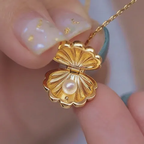Vintage Vergoldete Edelstahl Offene Muschel Medaillon Anhänger Halskette Mit Künstlicher Perle Für Damen Mode Schmuck Geschenk